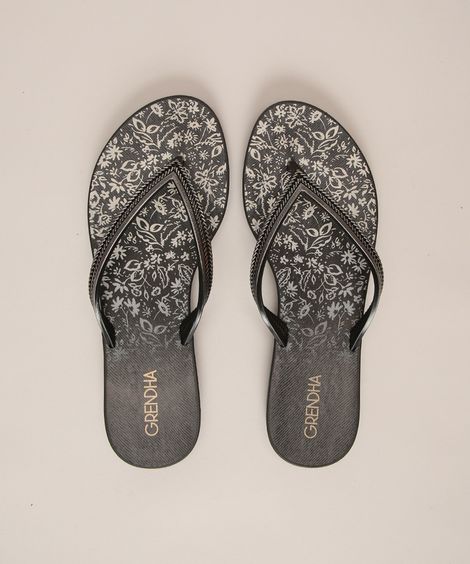 chinelo feminina estampada floral mais açaí energia grendha preto