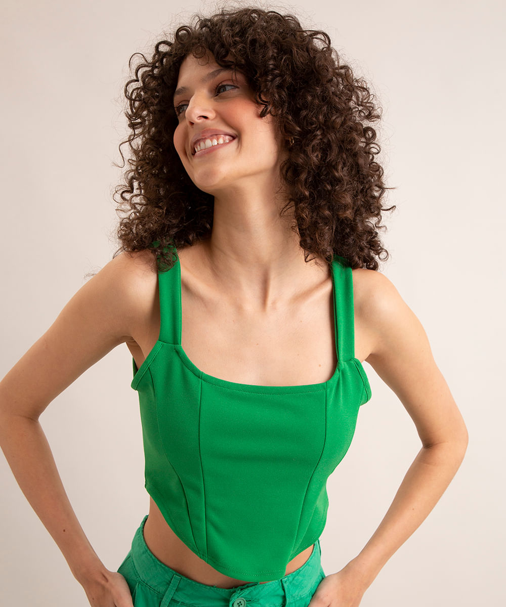 Top <em>cropped</em> corset verde com decote reto, da C&A