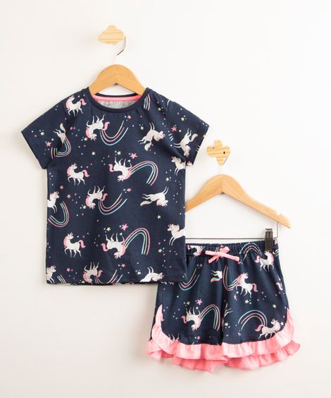 pijama infantil de algodão estampado unicórnios arco íris com babado manga curta  azul marinho