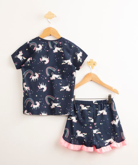 pijama infantil de algodão estampado unicórnios arco íris com babado manga curta  azul marinho