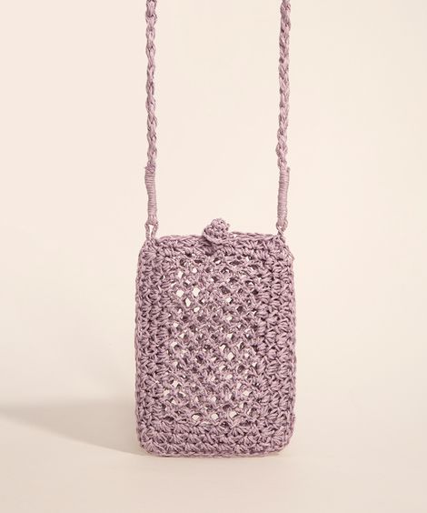 bolsa phone bag de crochê e palha lilás