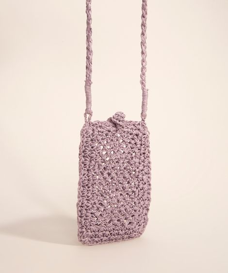 bolsa phone bag de crochê e palha lilás