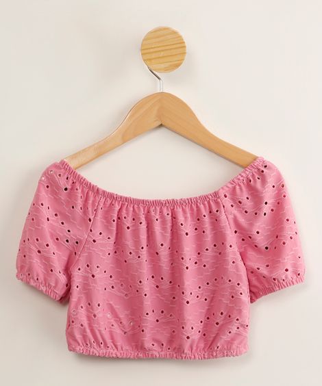 blusa cropped Infantil manga curta de laise rosa