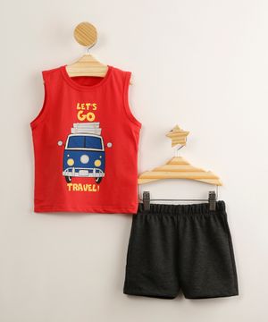 conjunto infantil de regata "let's go travel" vermelha  + short de moletom cinza mescla escuro