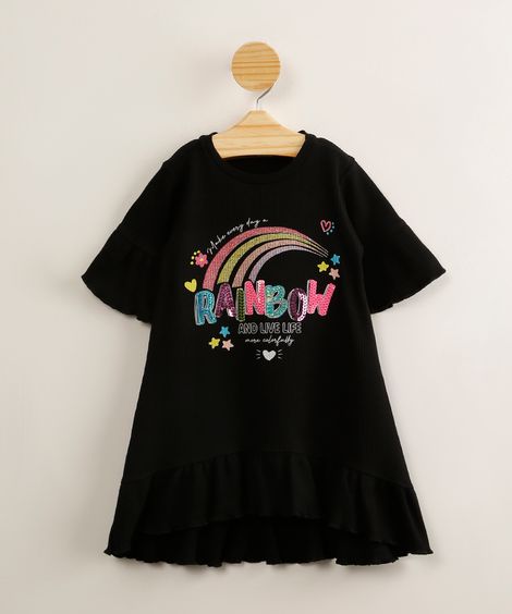 vestido infantil canelado "rainbow" com bordado e babado preto