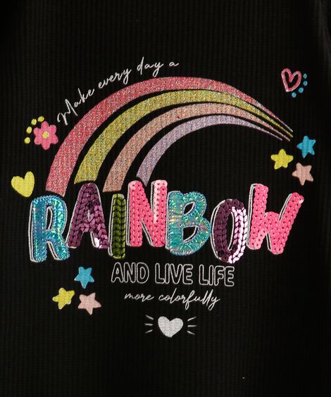 vestido infantil canelado "rainbow" com bordado e babado preto
