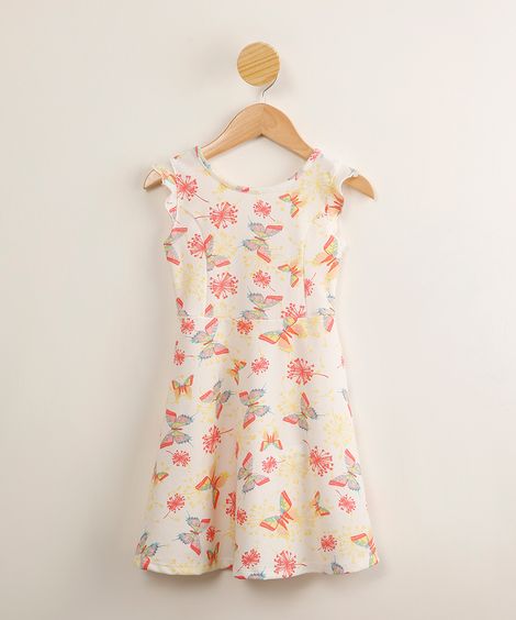 vestido infantil texturizado estampado borboletas com recorte e babados off white