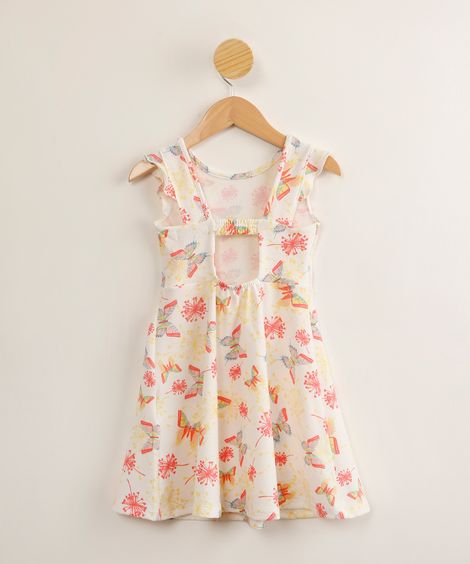 vestido infantil texturizado estampado borboletas com recorte e babados off white