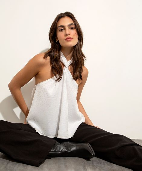blusa frente única texturizada de poá com nó mindset branca