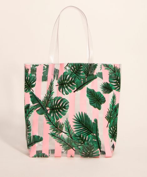 bolsa de praia infantil estampada listrado com folhagens transparente