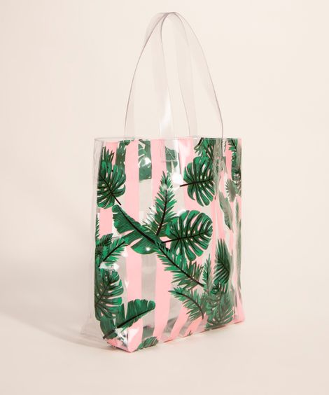 bolsa de praia infantil estampada listrado com folhagens transparente