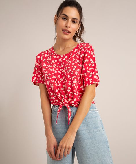 blusa cropped de viscose estampa floral com nó manga curta decote redondo vermelha