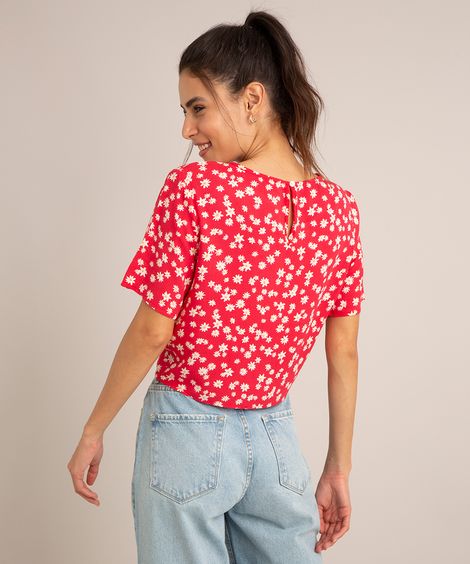 blusa cropped de viscose estampa floral com nó manga curta decote redondo vermelha