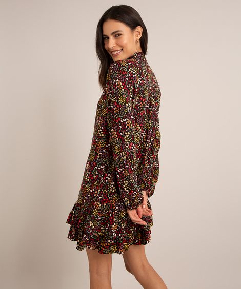 vestido chemise curto de viscose estampa floral com babados manga longa preto