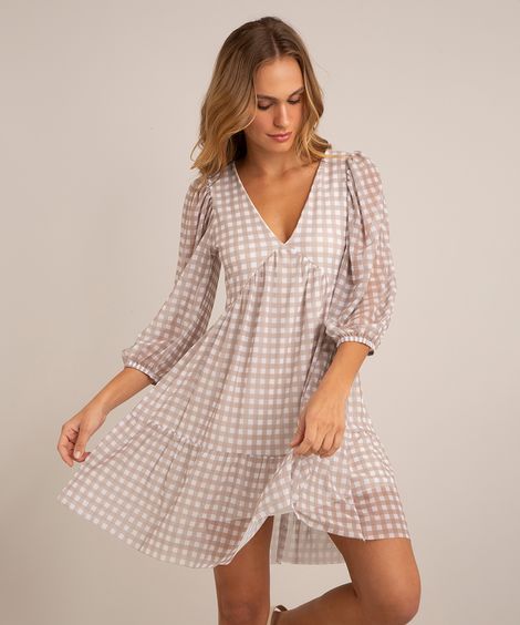 vestido curto de tule estampado xadrez vichy com recorte manga bufante marrom