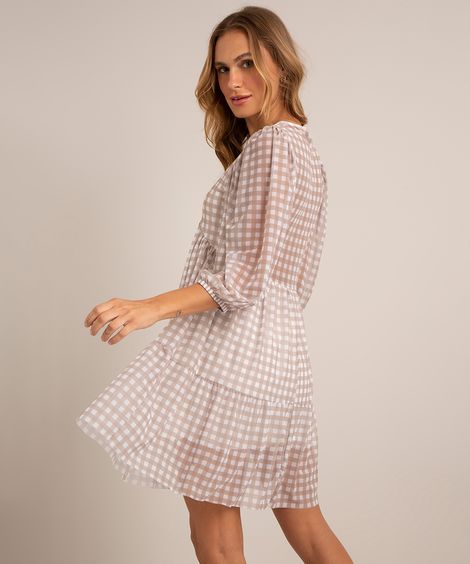 vestido curto de tule estampado xadrez vichy com recorte manga bufante marrom