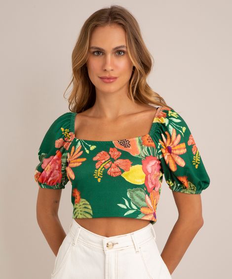 blusa cropped estampada floral manga bufante decote reto verde
