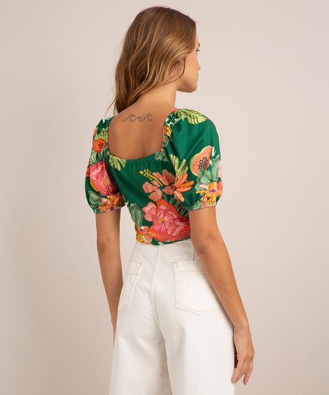 blusa cropped estampada floral manga bufante decote reto verde