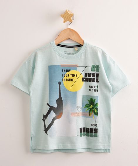 camiseta de algodão com fenda estampada natureza manga curta decote careca azul claro