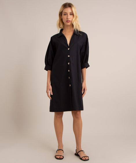 vestido chemise curto de algodão manga bufante  preto
