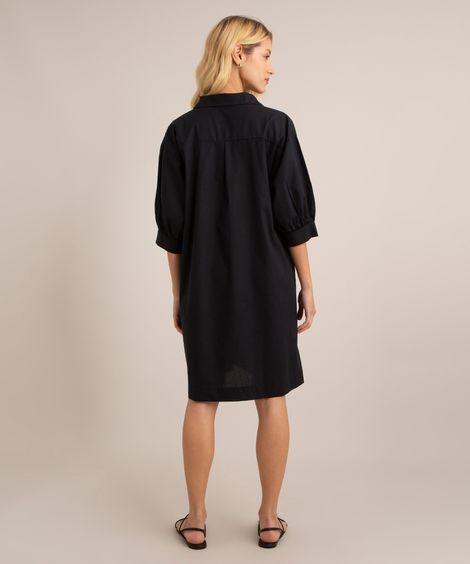 vestido chemise curto de algodão manga bufante  preto
