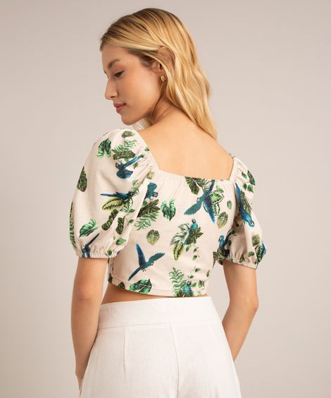 blusa cropped estampada folhagens e araras manga bufante decote reto off white