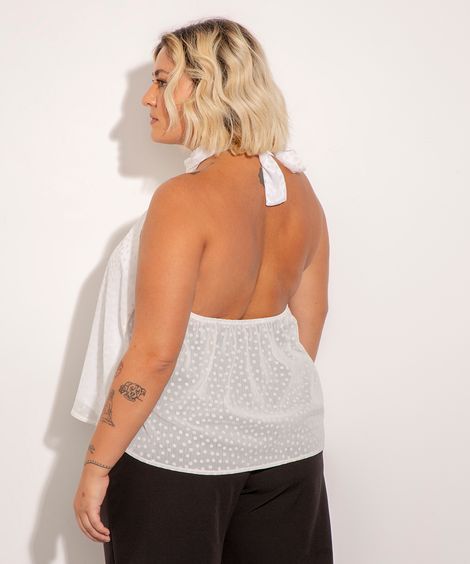 blusa frente única plus size texturizada de poá com nó mindset branca