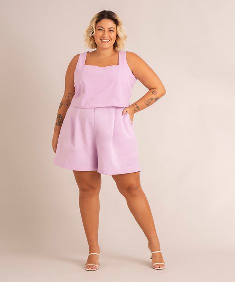 short plus size com pregas cintura alta  lilás