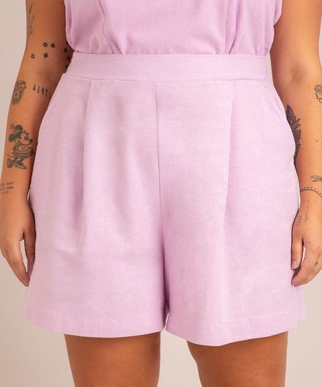 short plus size com pregas cintura alta  lilás