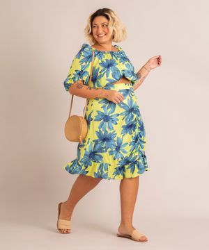 saia midi estampada floral de viscose com babados e franzido plus size verde claro