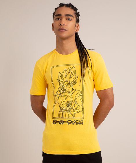 camiseta de algodão goku dragon ball manga curta gola careca amarela