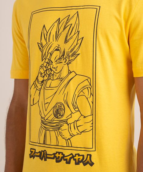 camiseta de algodão goku dragon ball manga curta gola careca amarela