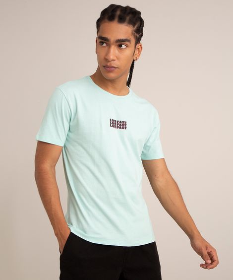 camiseta de algodão "live fast" manga curta gola careca verde água