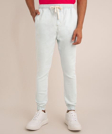 calça jogger jeans com bolsos e cordão azul claro