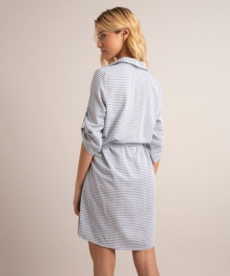 vestido chemise curto listrado com faixa para amarrar azul