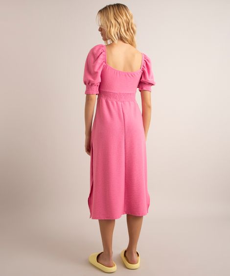 vestido midi texturizado com lastex e fendas manga bufante rosa