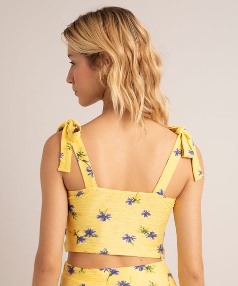 top cropped estampado floral decote princesa alça larga com amarração amarelo claro