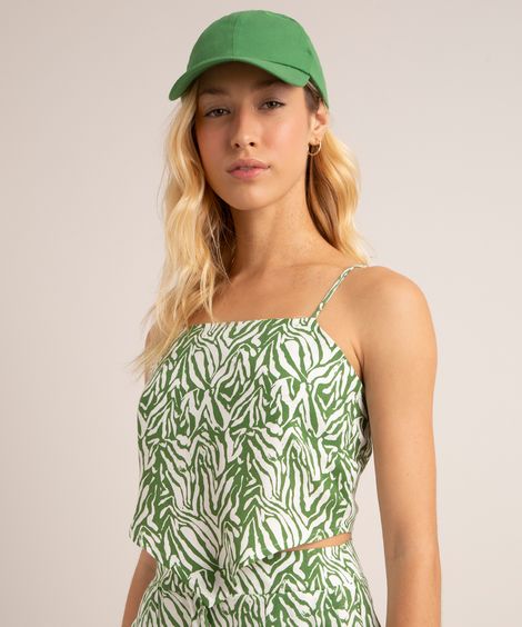 regata cropped de viscose estampada animal print zebra com amarração alça fina decote reto verde