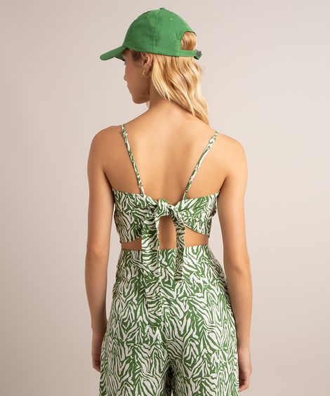 regata cropped de viscose estampada animal print zebra com amarração alça fina decote reto verde