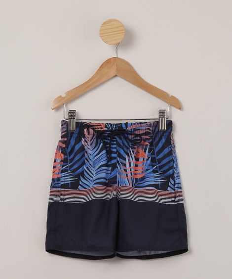 bermuda surf infantil estampada folhagem azul marinho