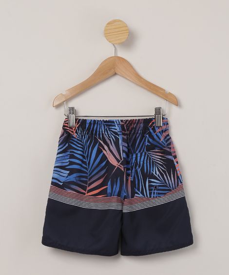 bermuda surf infantil estampada folhagem azul marinho