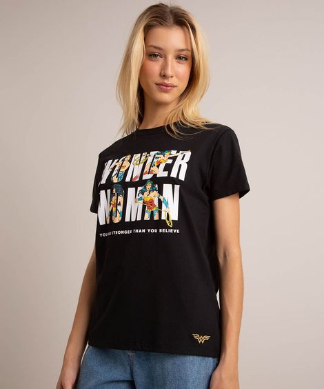 camiseta de algodão mulher maravilha com bordado manga curta decote redondo preta