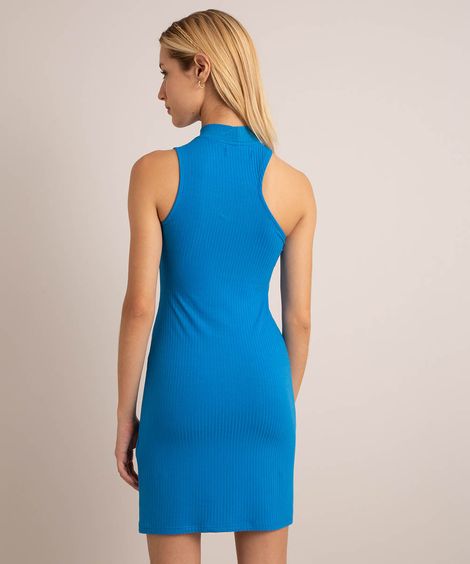 vestido curto canelado assimétrico gola alta azul