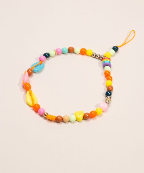 strap para celular de missangas e conchas multicor