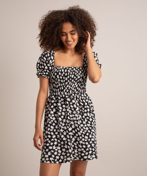 vestido curto de viscose estampa floral manga bufante decote reto preto