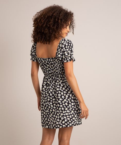 vestido curto de viscose estampa floral manga bufante decote reto preto