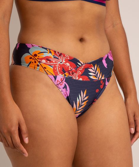 biquíni calcinha tanga cós transpassado estampa floral com proteção uv50+ azul marinho
