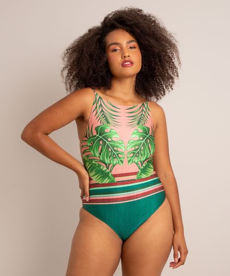 maiô halter neck alça fina estampado de folhagens com proteção uv50+ rosê