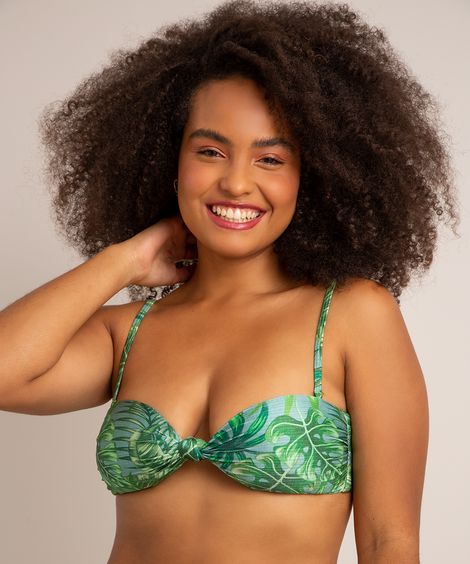 biquíni top tomara que caia estampado folhagem com bojo proteção uv50+ verde