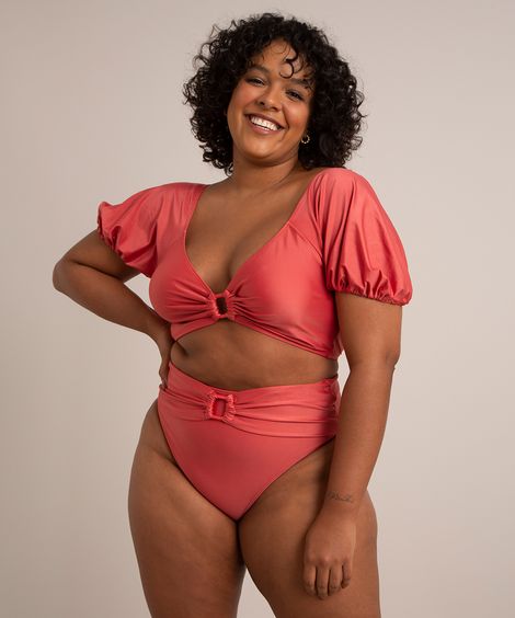 biquíni calcinha hot pant plus size com cinto proteção uv50+ coral